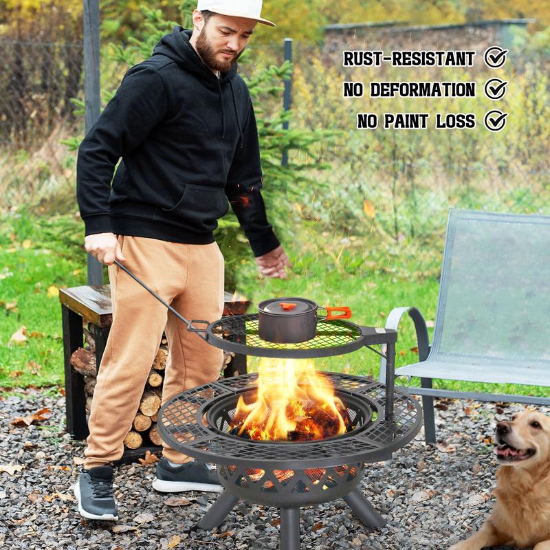 2-in-1 Wood Burning Fire Pit with Removable Cooking Grill Black Ultra-Durable Iron Grate 360-Degree Rotation Adjustable Height for Heating and BBQ Christmas gift