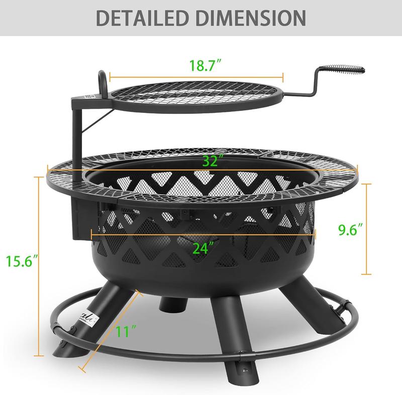2-in-1 Wood Burning Fire Pit with Removable Cooking Grill Black Ultra-Durable Iron Grate 360-Degree Rotation Adjustable Height for Heating and BBQ Christmas gift