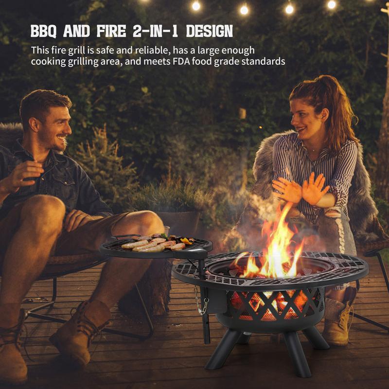 2-in-1 Wood Burning Fire Pit with Removable Cooking Grill Black Ultra-Durable Iron Grate 360-Degree Rotation Adjustable Height for Heating and BBQ Christmas gift