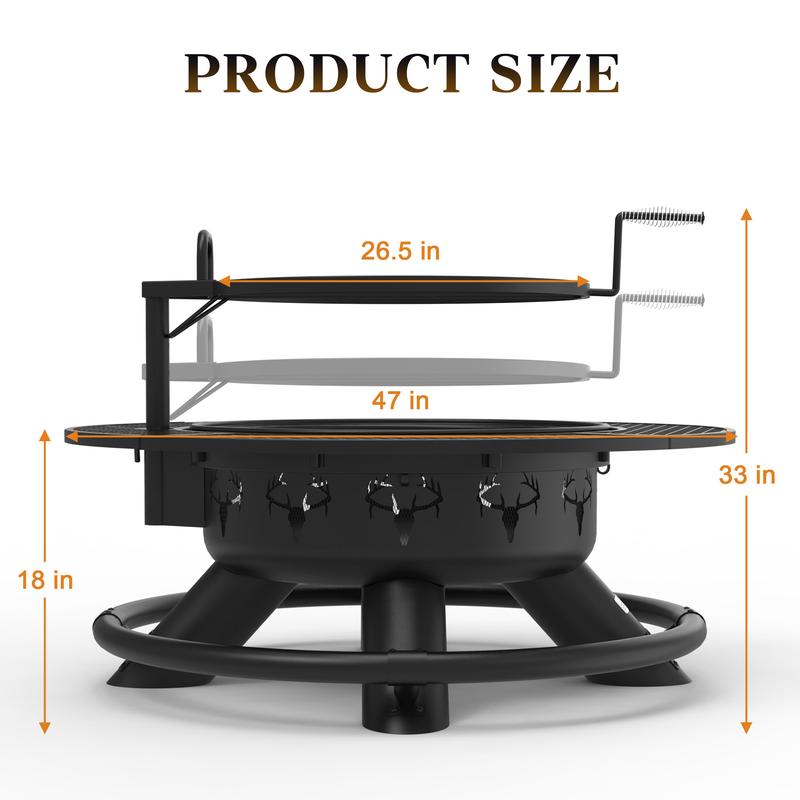 2-in-1 Wood Burning Fire Pit with Removable Cooking Grill Black Ultra-Durable Iron Grate 360-Degree Rotation Adjustable Height for Heating and BBQ Christmas gift