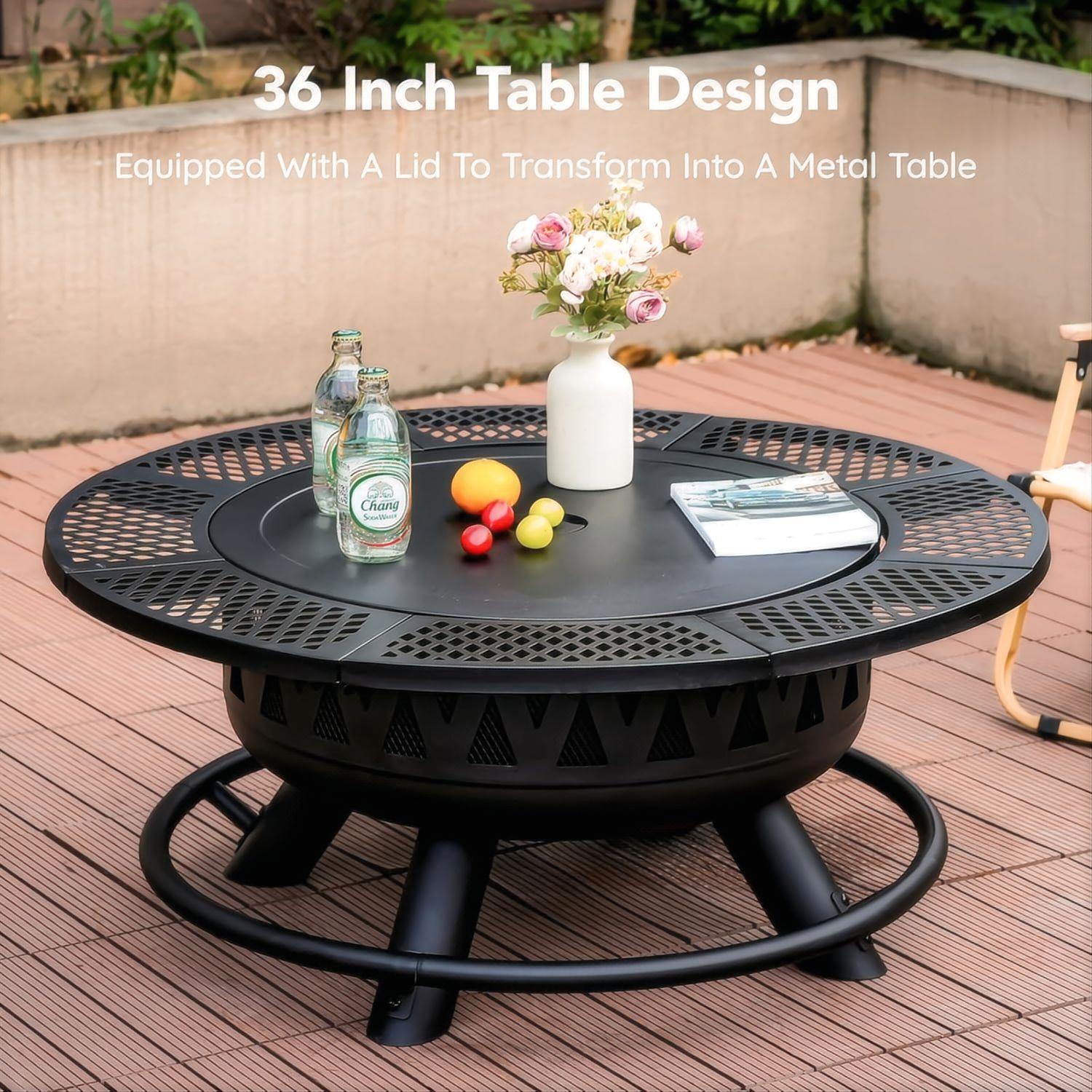 36 Inch Fire Pit with 2 Grills, Large Outdoor Firepits for Outside, Wood Burning Fireplace for Camping,Picnic,Bonfire, 3-in-1 Round Metal Table with Lid for Backyard,Patio,Party
