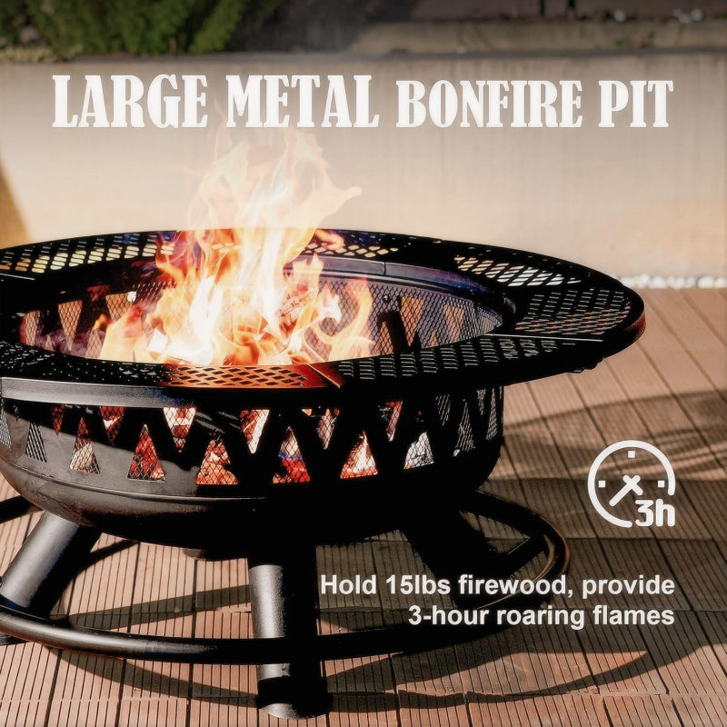 36 Inch Fire Pit with 2 Grills, Large Outdoor Firepits for Outside, Wood Burning Fireplace for Camping,Picnic,Bonfire, 3-in-1 Round Metal Table with Lid for Backyard,Patio,Party