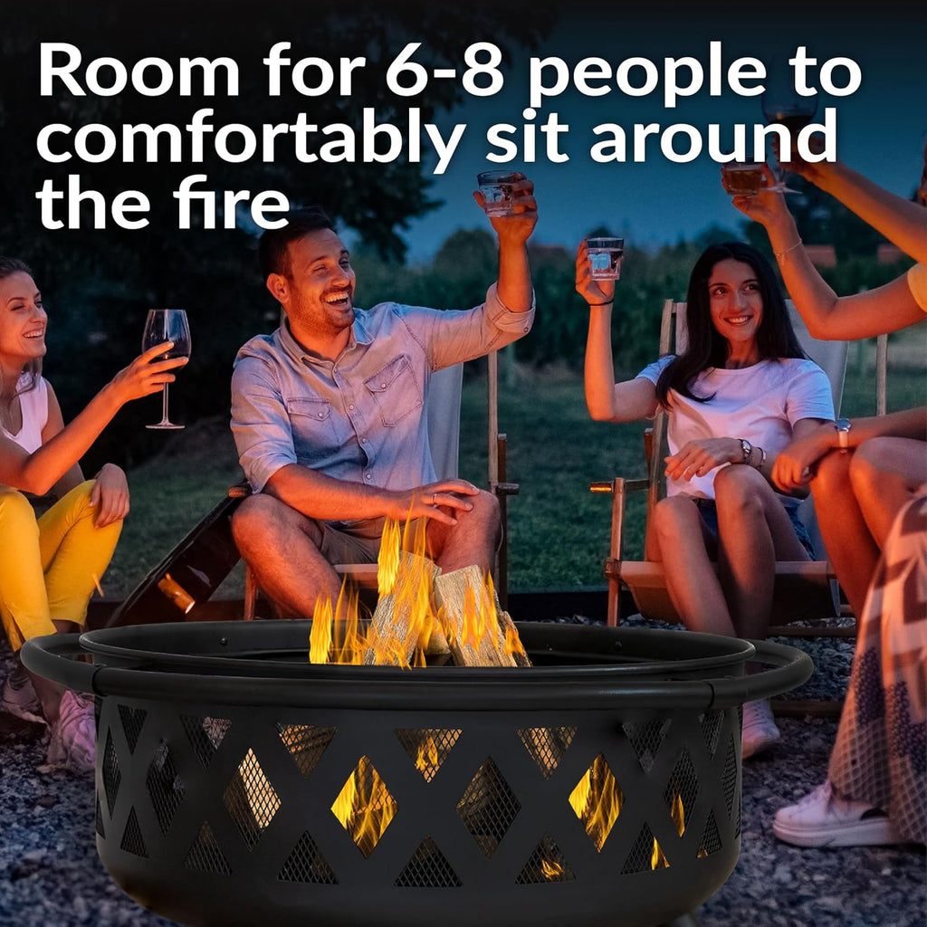 Teamson Home Round Steel Outdoor Fire Pit Outside Wood Burning Firepit Bonfire with Firebowl, Poker, Mesh Screen for Patio Garden Backyard BBQ, 30 Inch, Black