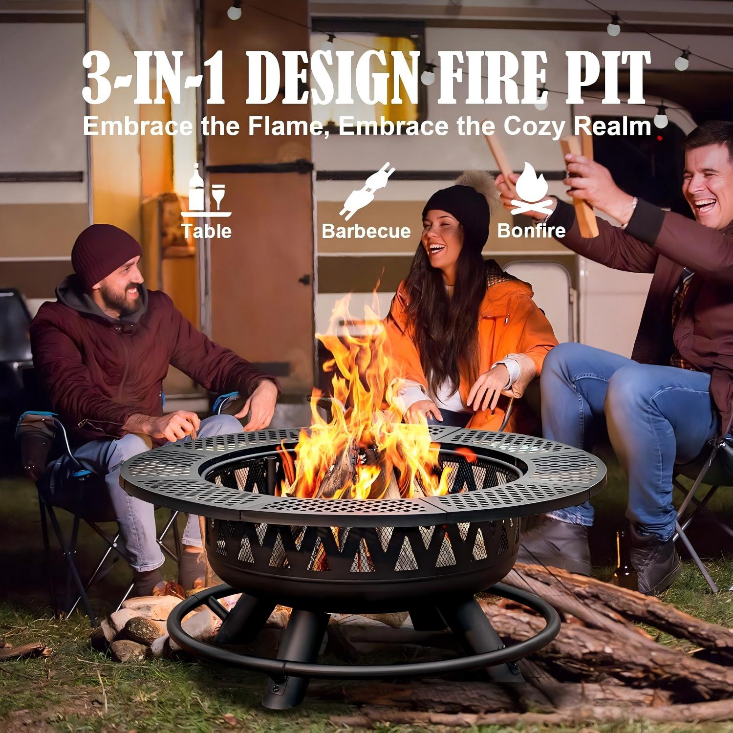 36 Inch Fire Pit with 2 Grills, Large Outdoor Firepits for Outside, Wood Burning Fireplace for Camping,Picnic,Bonfire, 3-in-1 Round Metal Table with Lid for Backyard,Patio,Party