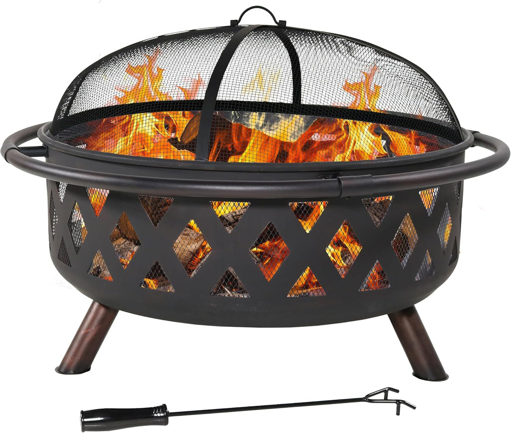 Teamson Home Round Steel Outdoor Fire Pit Outside Wood Burning Firepit Bonfire with Firebowl, Poker, Mesh Screen for Patio Garden Backyard BBQ, 30 Inch, Black