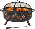 Teamson Home Round Steel Outdoor Fire Pit Outside Wood Burning Firepit Bonfire with Firebowl, Poker, Mesh Screen for Patio Garden Backyard BBQ, 30 Inch, Black