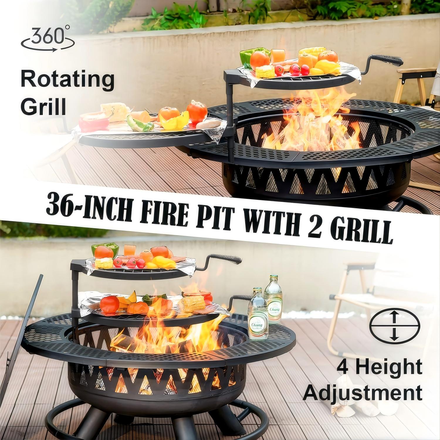 36 Inch Fire Pit with 2 Grills, Large Outdoor Firepits for Outside, Wood Burning Fireplace for Camping,Picnic,Bonfire, 3-in-1 Round Metal Table with Lid for Backyard,Patio,Party
