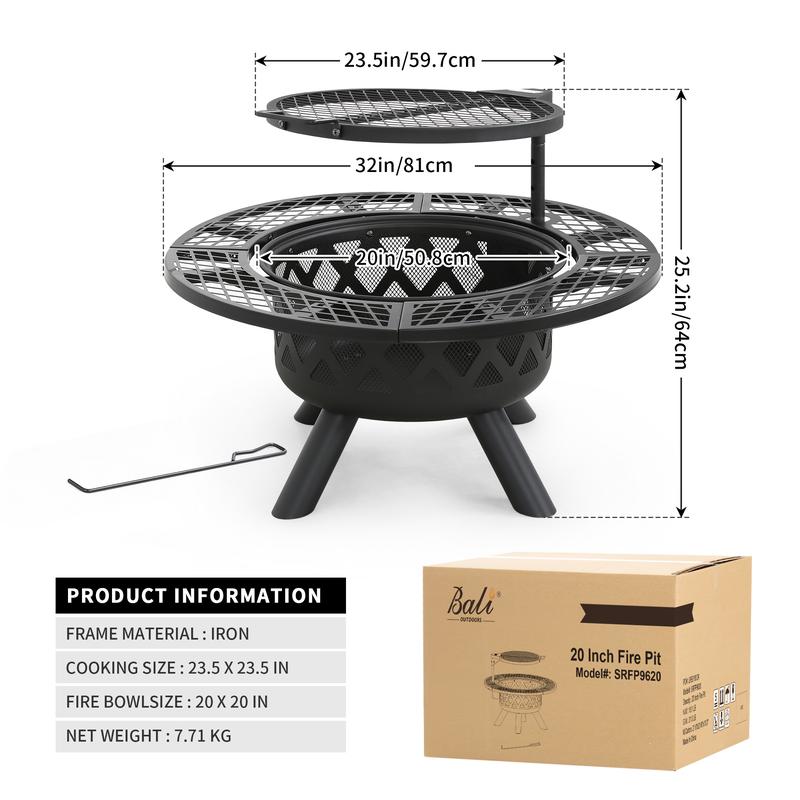 2-in-1 Wood Burning Fire Pit with Removable Cooking Grill Black Ultra-Durable Iron Grate 360-Degree Rotation Adjustable Height for Heating and BBQ Christmas gift