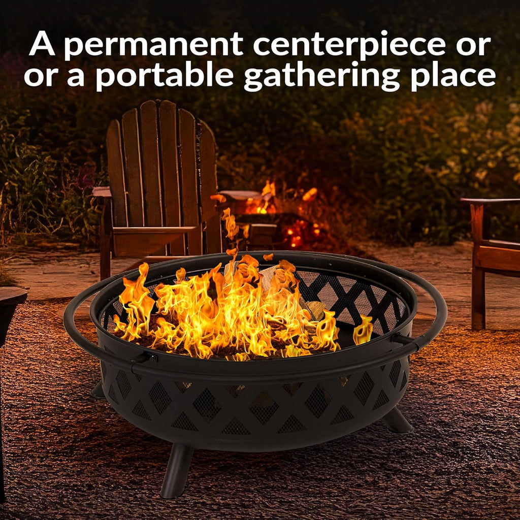 Teamson Home Round Steel Outdoor Fire Pit Outside Wood Burning Firepit Bonfire with Firebowl, Poker, Mesh Screen for Patio Garden Backyard BBQ, 30 Inch, Black