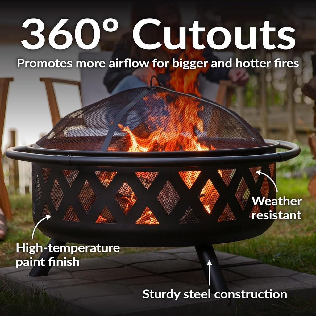 Teamson Home Round Steel Outdoor Fire Pit Outside Wood Burning Firepit Bonfire with Firebowl, Poker, Mesh Screen for Patio Garden Backyard BBQ, 30 Inch, Black