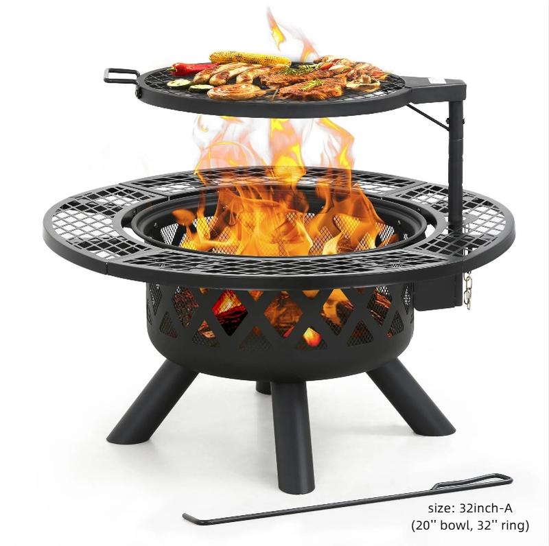 2-in-1 Wood Burning Fire Pit with Removable Cooking Grill Black Ultra-Durable Iron Grate 360-Degree Rotation Adjustable Height for Heating and BBQ Christmas gift