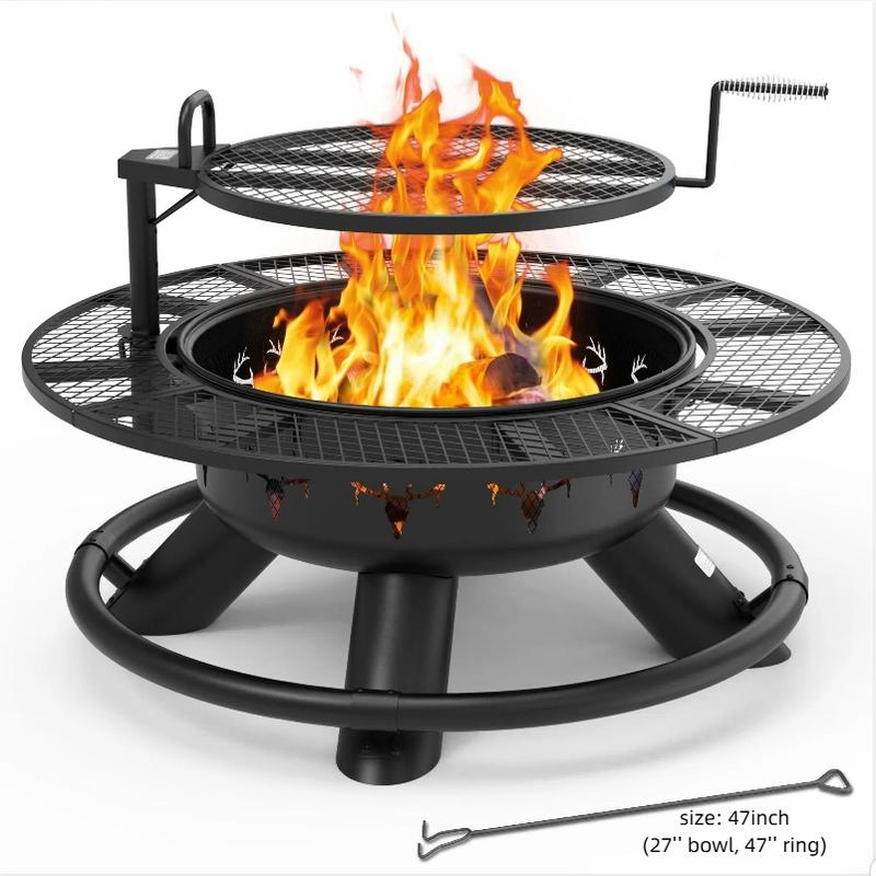 2-in-1 Wood Burning Fire Pit with Removable Cooking Grill Black Ultra-Durable Iron Grate 360-Degree Rotation Adjustable Height for Heating and BBQ Christmas gift
