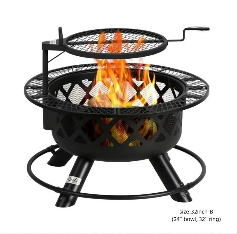 2-in-1 Wood Burning Fire Pit with Removable Cooking Grill Black Ultra-Durable Iron Grate 360-Degree Rotation Adjustable Height for Heating and BBQ Christmas gift